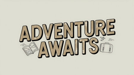 The phrase Adventure Awaits is prominently displayed with travel-related illustrations, including a suitcase and an open book, evoking a sense of wanderlust and explorationの素材