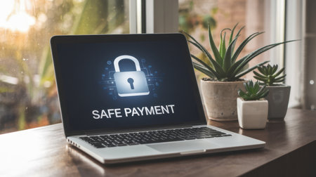 A laptop showcasing a safe payment symbol on its screen, surrounded by vibrant green plants, emphasizes the importance of secure online transactions in a modern workspaceの素材