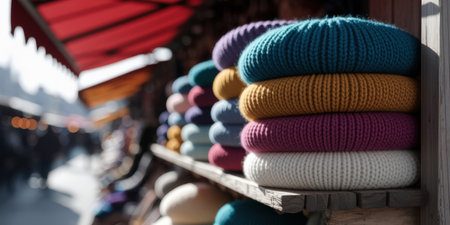 Colorful knitted hats displayed at a market stall.の素材