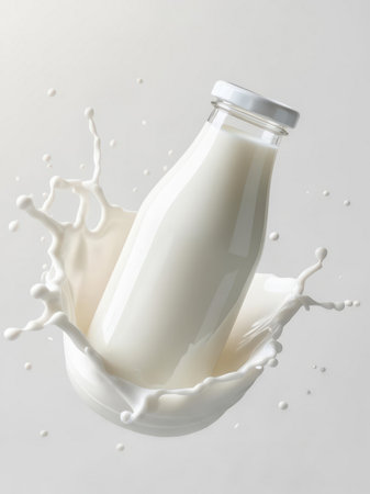 Glass bottle of fresh milk splashing in mid-air with white liquid splash on a light background.の素材