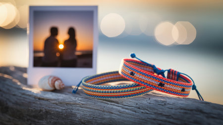 Colorful friendship bracelets on driftwood with a blurred photo of a couple at sunset in the background, symbolizing love and connection.の素材