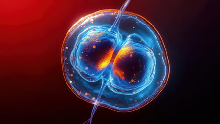 Human stem cell in the process of division, showcasing vibrant blue and orange hues. Ideal for scientific, medical, or educational purposes.の素材
