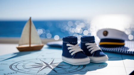 Pair of blue baby shoes on a nautical map with a toy sailboat and captain's hat in the background, symbolizing maritime-themed baby announcement or celebration.の素材