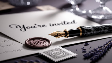 Elegant invitation card with handwritten text You're invited, accompanied by a luxury fountain pen, wax seal, and decorative elements on a dark background.の素材