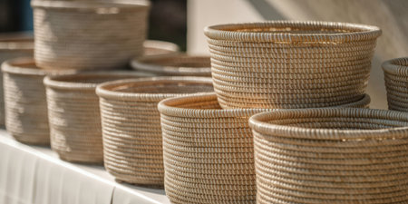 Handcrafted woven baskets displayed in a row at a market.の素材