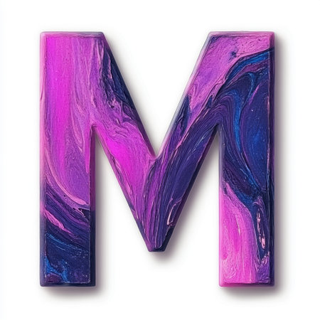 A striking letter M designed with a blend of vibrant pink and purple swirls, showcasing artistic flair and creativity. This colorful representation is perfect for branding, design projects, or personal useの素材