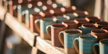 Handcrafted ceramic mugs in various colors displayed on a wooden shelf at a local market.の素材