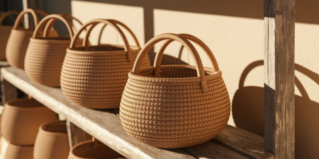 Handcrafted wicker baskets displayed on a wooden shelf in warm sunlight.の素材