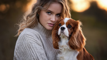A young woman gently cradles her Cavalier King Charles Spaniel in a tranquil outdoor environment during golden hour, showcasing the bond between pets and their owners amidst a soft, warm backdropの素材