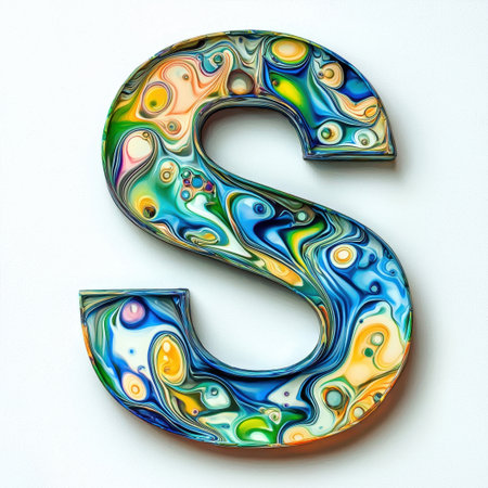 A striking letter S crafted from colorful materials, featuring vibrant swirls and patterns that create a dynamic visual effect. This artistic representation adds a playful touch to any design projectの素材