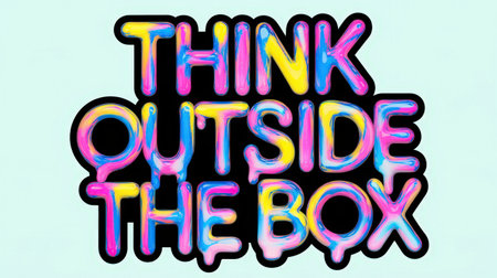 Colorful text design saying THINK OUTSIDE THE BOX with vibrant hues and a playful style.の素材