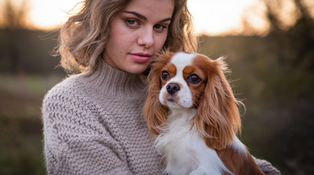 A young woman gently cradles her Cavalier King Charles Spaniel against a backdrop of soft, natural light during sunset, showcasing the bond between pets and their owners in a tranquil environmentの素材