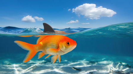 A vibrant goldfish glides gracefully through the crystal-clear ocean water, while a shark fin breaks the surface nearby, creating a striking contrast in this underwater sceneの素材