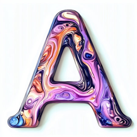 A striking letter A featuring a vibrant marbled design in shades of purple, pink, and blue, showcasing artistic creativity and modern aesthetics, perfect for branding or educational materialsの素材