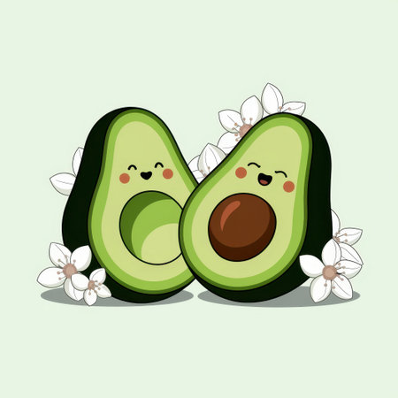 Adorable illustration of two smiling avocados surrounded by delicate white flowers, set against a soft green backdrop, capturing the joy and freshness of healthy eatingの素材