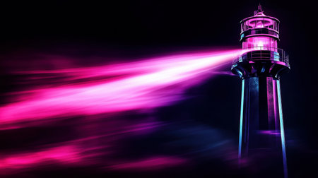 A stunning lighthouse stands tall against a dark backdrop, casting a vibrant pink beam of light into the night sky. The ethereal glow creates a captivating atmosphere, symbolizing guidance and hopeの素材