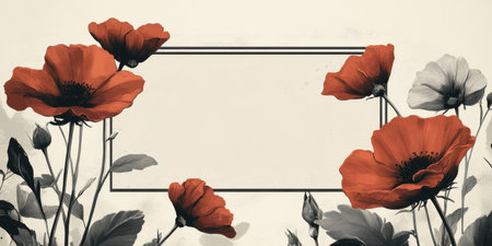 A stunning arrangement of vibrant red poppies surrounded by delicate black and white flowers, featuring a blank frame in the center, perfect for adding personalized messages or quotesの素材