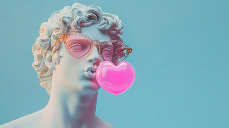 A striking marble statue adorned with stylish glasses, playfully blowing a pink heart-shaped bubble. This whimsical image blends classical art with modern flair, creating a unique visual experience that captures attentionの素材