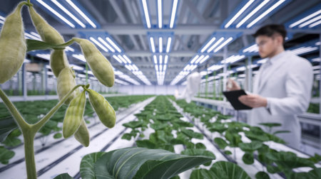 A dedicated scientist studies vibrant green plants in a state-of-the-art greenhouse, illuminated by bright LED lights. This image highlights the intersection of technology and agriculture, showcasing innovation in plant researchの素材