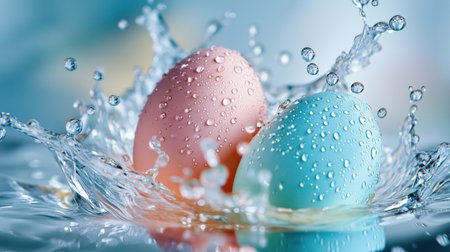 Two vibrant eggs, one pink and one blue, create a stunning splash in clear water, capturing the essence of Easter festivities and the joy of springtime renewalの素材