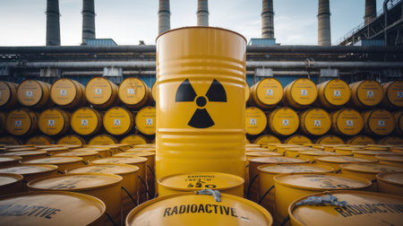 A striking image of yellow barrels prominently displaying the radioactive symbol, arranged in an industrial environment. This scene highlights the importance of safety and awareness in handling hazardous materialsの素材