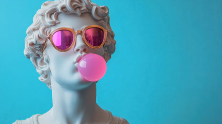 A striking statue with a modern twist, blowing a bubble of pink gum while sporting trendy sunglasses. This playful image combines classical art with contemporary fashion, set against a vibrant blue backdropの素材