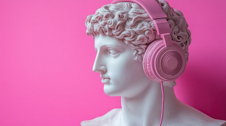 A striking image of a classical marble statue adorned with stylish pink headphones, set against a bold pink backdrop. This unique blend of art and modernity creates a captivating visual that bridges history and contemporary cultureの素材