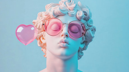 A modern artistic representation of a statue adorned with trendy pink sunglasses, exuding a playful and stylish vibe. The heart-shaped bubble adds a whimsical touch, creating a unique blend of classic and contemporary aestheticsの素材