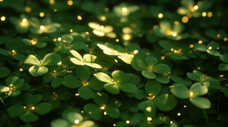 A vibrant field of lush green clovers, gently illuminated by soft golden lights, creating a magical and serene atmosphere. This enchanting scene captures the beauty of nature and tranquilityの素材