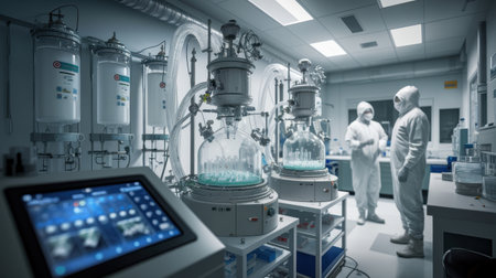 Two scientists in full protective gear engage in a discussion within a modern laboratory filled with advanced equipment. The sterile environment highlights the importance of safety and precision in scientific research and experimentationの素材