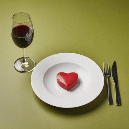 A delightful heart-shaped dessert sits elegantly on a white plate, accompanied by a glass of red wine, creating a romantic dining experience ideal for special occasions like anniversaries or Valentine's Dayの素材
