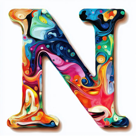 An artistic representation of the letter N, featuring a blend of vibrant colors and swirling patterns that create a dynamic and eye-catching visual effect, perfect for creative projectsの素材