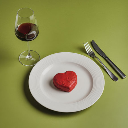 A beautifully crafted heart-shaped dessert sits on a white plate, accompanied by a glass of red wine, creating an inviting and romantic atmosphere ideal for special celebrations or intimate dinnersの素材