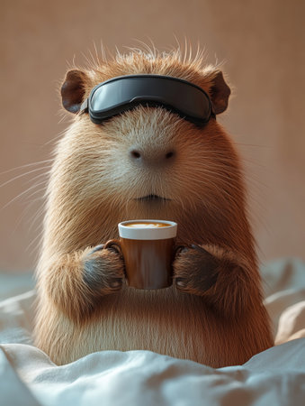 A charming capybara with a sleep mask is holding a small cup of coffee, nestled in a soft blanket. This delightful scene captures the essence of relaxation and comfort, perfect for animal loversの素材
