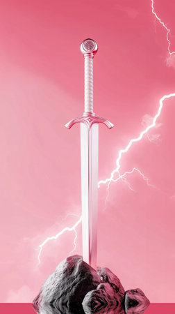 This striking image features a majestic sword poised on a rugged rock, surrounded by a vibrant pink background and dramatic lightning. The scene evokes a sense of power and fantasy, perfect for themes of adventure and heroismの素材