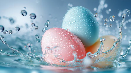 A stunning display of colorful eggs in shades of pink, blue, and yellow, splashing into clear water, capturing the essence of spring and celebration. The droplets add a dynamic touch to this lively compositionの素材