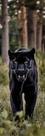 A striking black panther confidently walking through a vibrant green forest, showcasing its powerful physique and piercing blue eyes, embodying the essence of wild beauty and strength in natureの素材