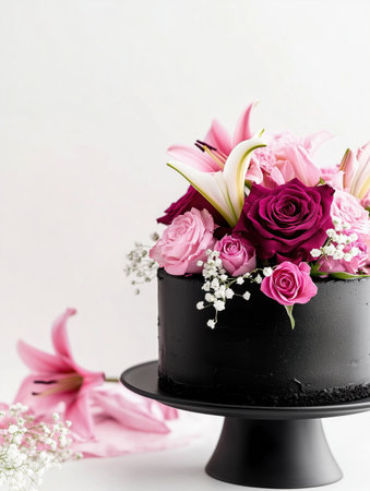 A stunning black cake beautifully decorated with an array of pink and white roses, along with delicate lilies, creating a perfect centerpiece for celebrations and special eventsの素材