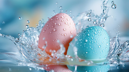 Two colorful eggs, one pink and one blue, create a stunning splash in clear water, capturing the essence of spring and celebration. The droplets add a refreshing touch to this lively compositionの素材