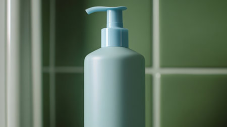 A sleek light blue pump bottle stands prominently against a soft green tiled background, perfect for showcasing personal care products. This image highlights modern design and functionality in bathroom aesthetics Simple minimal mockupの素材