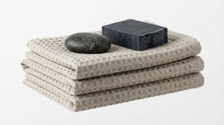 A serene arrangement of soft, textured towels paired with a smooth natural stone and a dark soap bar, perfect for creating a calming spa atmosphere at homeの素材