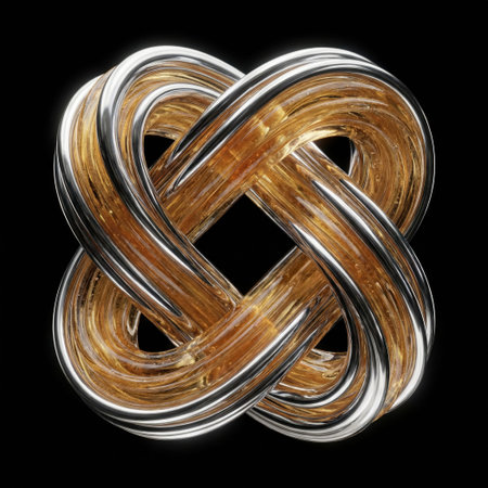 A beautifully crafted knot made of golden and silver materials, representing unity, eternity, and interconnectedness, set against a sleek black backgroundの素材
