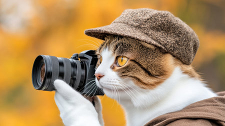 A charming tabby cat wearing a brown cap holds a camera, mimicking a photographer. The warm autumn tones in the background add a cozy and creative vibe to the sceneの素材
