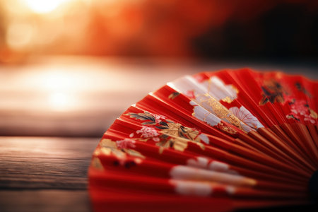 Elegant red hand fan adorned with intricate floral designs rests on wooden surface, beautifully illuminated by warm sunset glow, craftsmanship and cultural heritage.の素材