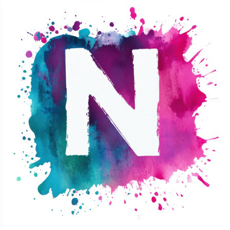 Bold white letter n stands out against a vibrant watercolor splash, featuring vivid pinks, purples, and blues creating a dynamic and artistic expression suitable for creative design projects.の素材