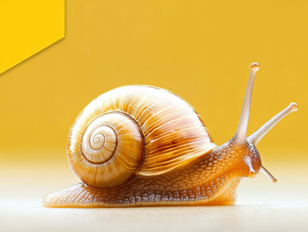 A detailed macro shot of a brown snail with a spiral-patterned shell, showcasing its texture and structure. The vibrant yellow background adds contrast and highlights the snail's featuresの素材
