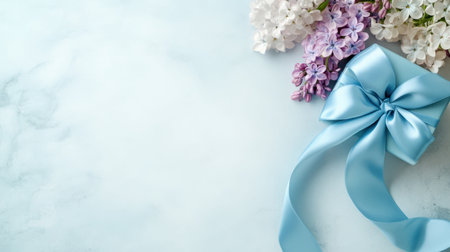 A beautifully wrapped blue gift box with a satin ribbon placed next to lilac flowers on a soft marble surface. Perfect for themes of celebration, gifting, and special occasionsの素材