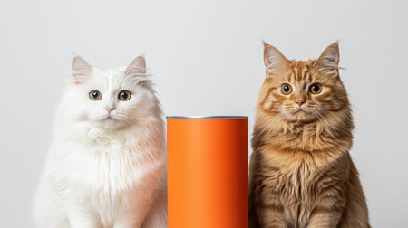 A fluffy white cat and a striking orange tabby sit side by side next to a vibrant orange canister. This delightful image captures the playful essence of feline companionship and their curious natureの素材