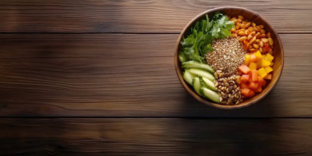 Healthy vegan buddha bowl with vibrant assortment of fresh vegetables, grains, and nuts arranged on wooden surface. perfect for promoting healthy lifestyle and plant-based dieting.の素材