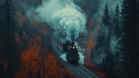 Historic steam train journeys through a misty autumn forest, surrounded by vibrant orange foliage, creating a nostalgic and captivating scene of nature and classic transport.の素材